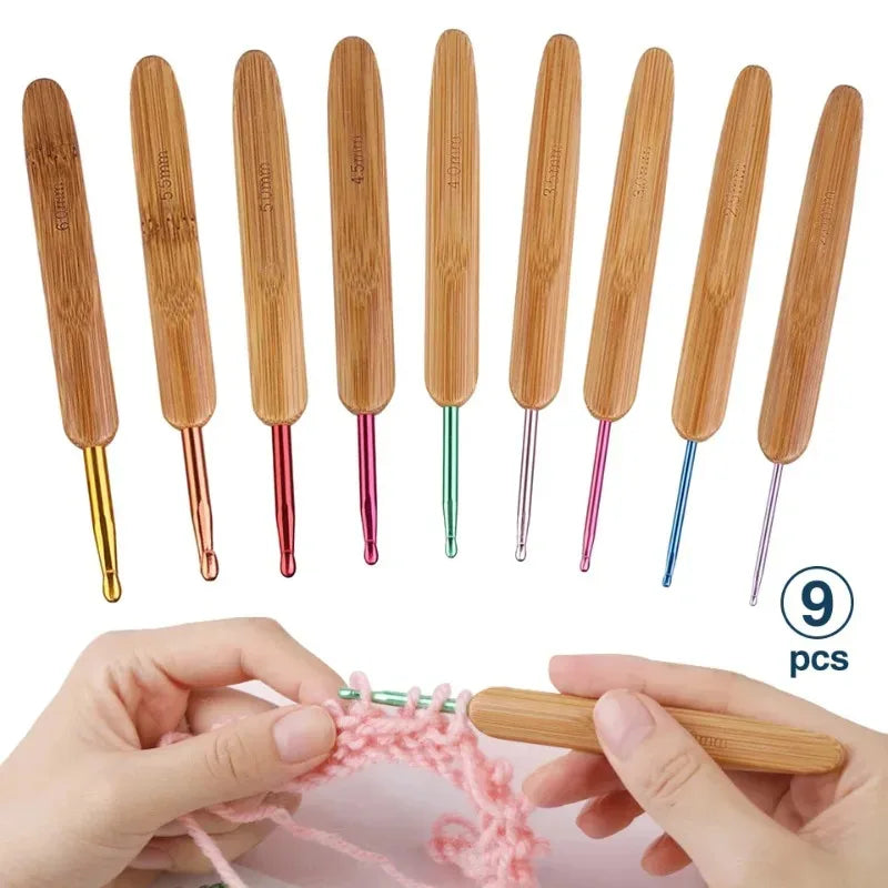 9Pcs Bamboo Crochet Hooks Set Lace Crochet Needles 2.0mm 6.0mm Knitting Needles Handle Weave Yarn Sewing Tools Crochet Set